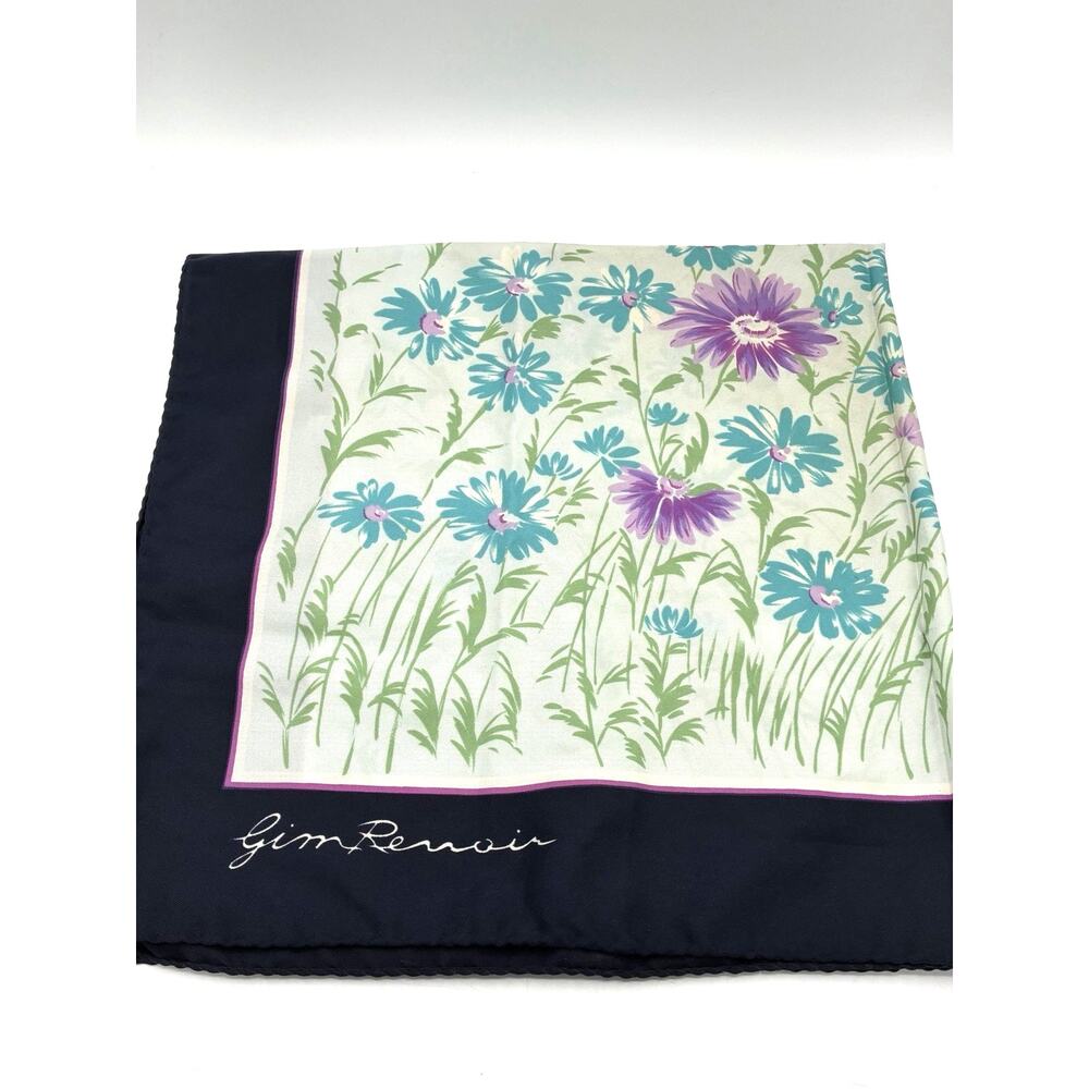 Vintage Jim Renoir Signed Scarf 29” Made Italy Floral Navy Blue Purple Polyester